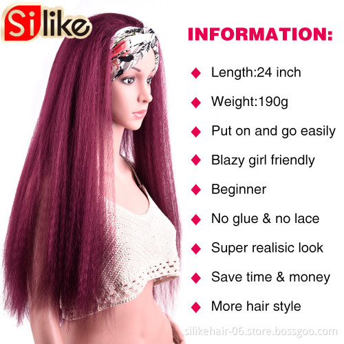 Black Red 24 Inch Long Chic Style Kinky Straight Hair Headband Wig With Pre-attached Scarf Synthetic Yaki Straight Headband Wigs